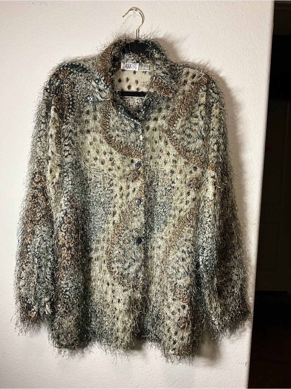 Selene Sport Shaggy Knit Button-Front Jacket in Olive, Brown & Cream